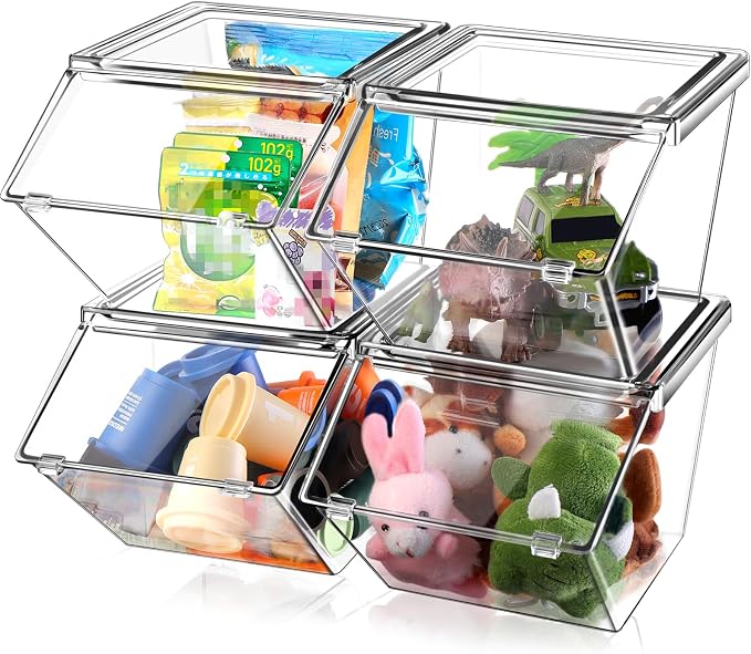 Yerliker 4 Pcs Clear Plastic Storage Bins with Lids Large Stackable Pantry Storage Organizer Bins Kitchen Organization Cabinet Organizers Ideal Containers for Fridge, Kitchen, Cabinets (Clear) by Yerliker