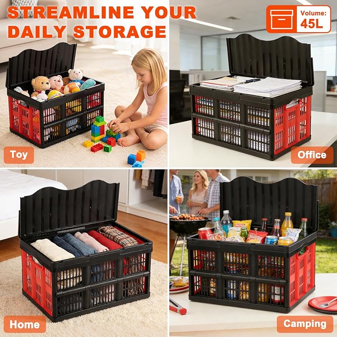 45L Collapsible Storage Bins with Lids, | 3 Packs Heavy Duty Foldable Storage Crates with Handles, 55 lbs Capacity, Storage Bins for Camping, Grocery & Outdoor - Image 6