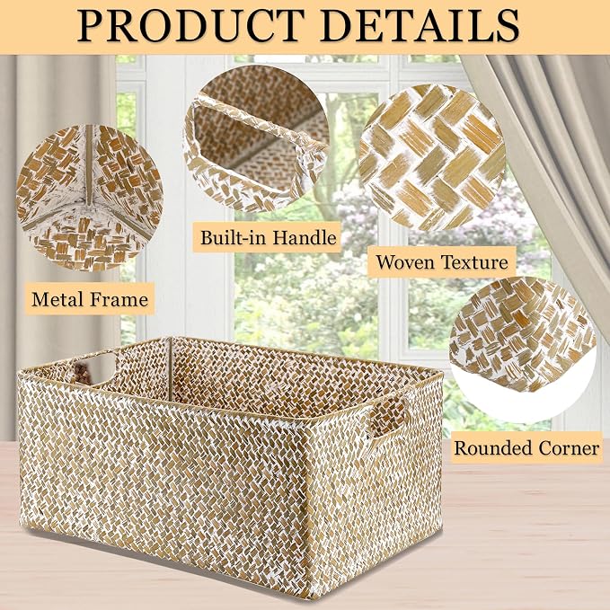 Hipiwe Wicker Storage Basket Bin X-Large Rectangular Opened Baskets Box | Handwoven Seagrass Basket Box with Handle for Shelf Organizing Closet Bathroom, 15.7" L x 11.8" W x 7.5" H - Image 6