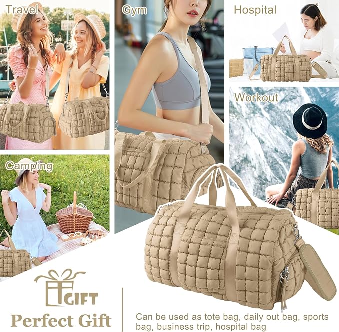 Quilted Travel Duffle Bag Gym Bag for Women,Large Puffer Duffle Weekender Bag with Compartment,Workout Overnight Carry on Organizer Bag Duffle Bag for Airplane Travel(L-Khaki) - Image 7