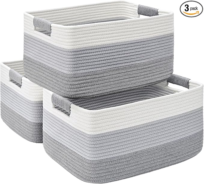 3 Pack Large Storage Basket for Organizing, 17.5"x13"x7" Woven Basket for Shelves, Closet Cube Storage Bins with Wrapped Handle, Cotton Rope Baskets for Kitchen, Clothes, Toys(Gradient Grey) by Degeyoyo
