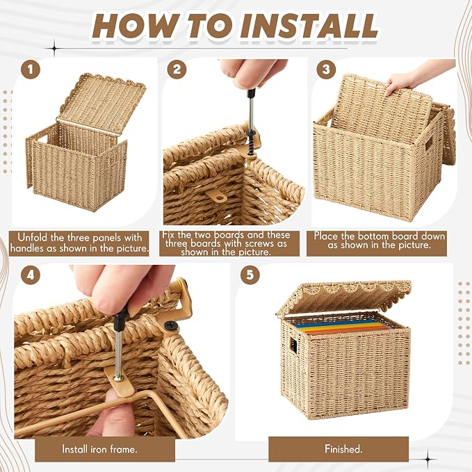 Jingmore File Organizer Box with Scalloped Lid, Paper Rope, Brown | Portable Storage Box Collapsible Letter Hanging Filing Organizer Basket for Office/home, Woven Wicker Decorative Document Box - Image 4