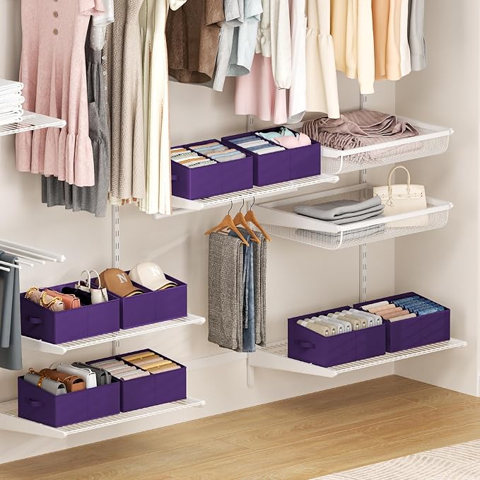 DIMJ Large Closet Shelf Organizer Bins 8 Packs with Handles and Divider, Fabric Trapezoid Storage Baskets, Foldable Clothes Containers Box for Shelf, Towel, Book, Toy, Purse, Hats, Purple - Image 6