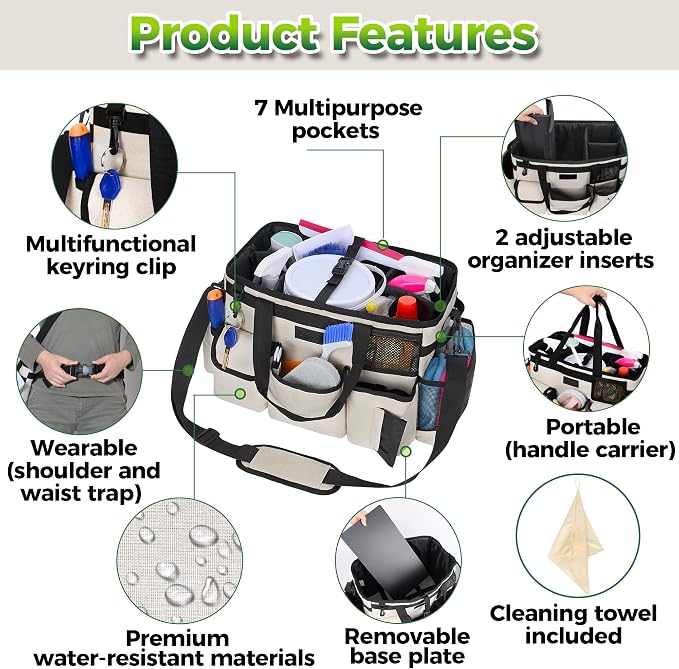 Cleaning Caddy Organizer with Handle - Large Caddy Bag for House & Bathroom Cleaning Supplies, 15 x 8 x 10.5 inches Cleaning Supply Caddy, Housekeeping Tote with Adjustable Strap - Beige - Image 3