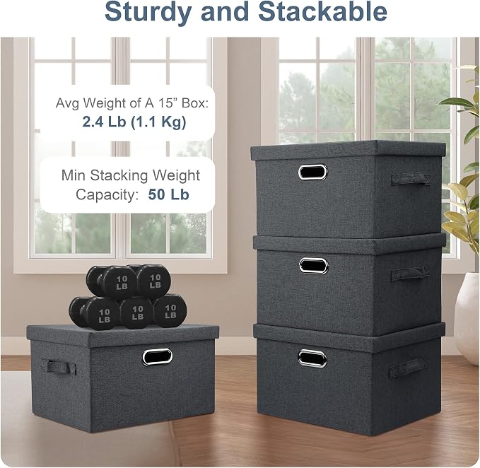 Graciadeco Medium 15" 21 Quart Collapsible Stackable Storage Bins with Lids, 3 Packs Dark Grey Foldable Fabric Closet Boxes Heavy-duty Linen Cube Baskets Container for Bedroom Office (15 x 11 x 8) | 21 Quart 3 Pack Dark Gray Collapsible Stackable Linen... - Image 3
