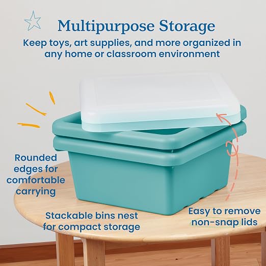 ECR4Kids Stackable Square Bins with Non-Snap Lids, Multipurpose Organization, Seafoam, 2-Pack - Image 4