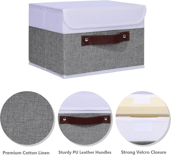 ANMINY Fabric Storage Box Bins with Lids, Gray White, 13"x9"x7.9" | Keepsake Memory Storage, Cotton Linen, PP Board Reinforced, Washable, PU Handles, Foldable & Stackable, Decorative, Medium - Image 5