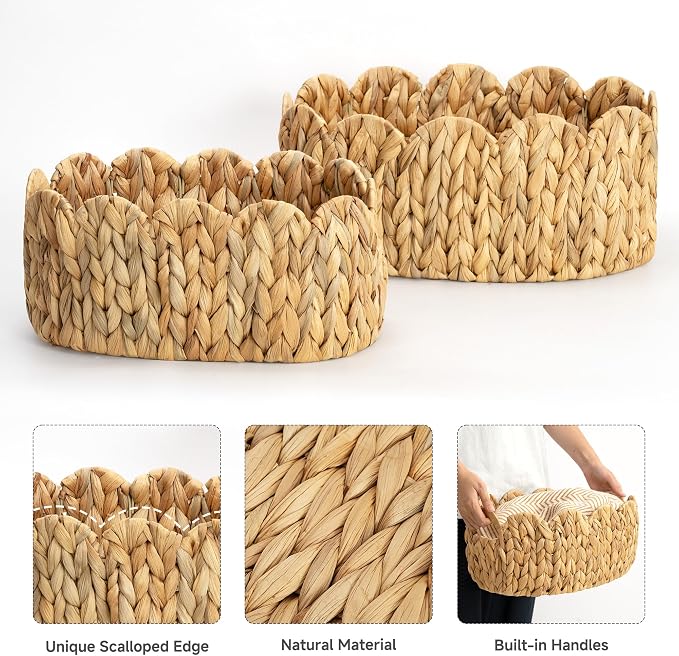 StorageWorks Scalloped Wicker Basket, Woven Baskets for Storage, Rattan Baskets with Handles, Water Hyacinth Basket for Organizing and Decor, 2 Pack - Image 4