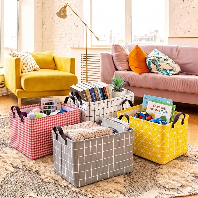 CHENGU 6 Pack Storage Baskets with Handle Back to School Foldable Baskets for Shelves Classroom Plaid & Geometric Storage Bin Large Collapsible Canvas Bin for Closet Nursery Home Organization 6 Colors - Image 6