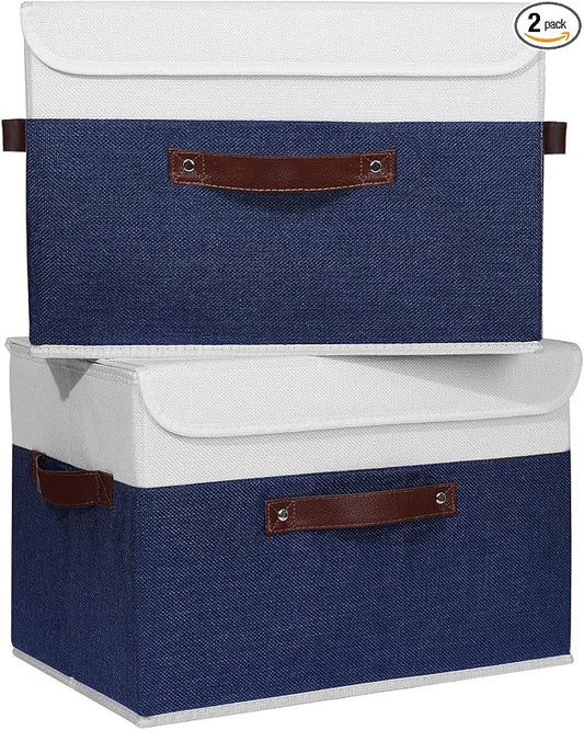 ANMINY Fabric Storage Box Bins with Lids, Blue White, 15"x10"x10", 2 Pack | Keepsake Memory Storage, Cotton Linen, PP Board Reinforced, Washable, PU Handles, Foldable & Stackable, Decorative, Large by ANMINY