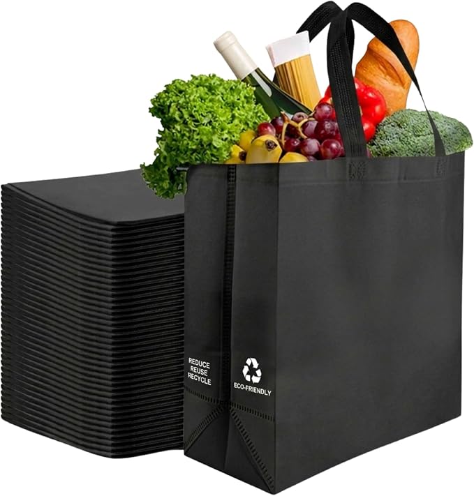 Simply Cool 50 Pack Reusable Grocery Bags, Medium Tote Bags Bulk, Black | 12.6"x6.3"x11.8" Heavy Duty Non-woven Custom Shopping Bags with Handles, Foldable, Washable for Retail and Commercial use by SimplyCool