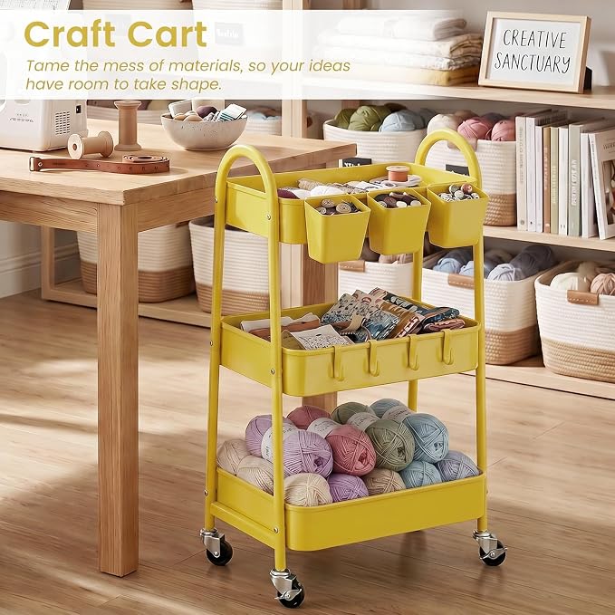 danpinera 3-Tier Rolling Cart, Utility Cart Mobile Metal Rolling Storage Cart with Lockable Wheels & Hanging Cups & Hooks for Kitchen, Bathroom, Office, Workshop, Yellow - Image 9