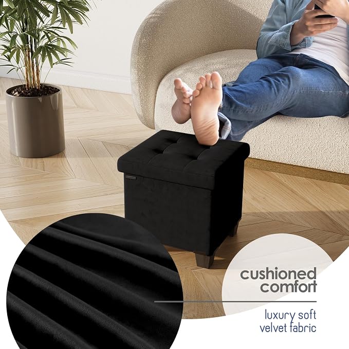 Storage Ottoman Cube with Small Bin, 15-in Square Ottoman with Storage for Living Room and Bedroom, Small Ottomans Foot Rest, Velvet Foot Stools Ottomans Max 330lbs, Black - Image 8
