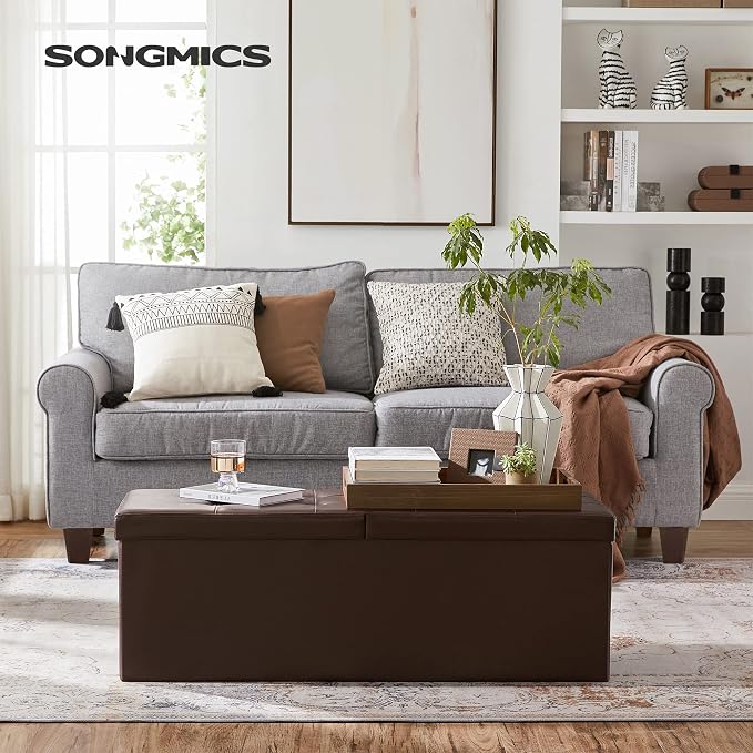 SONGMICS MAZIE Collection - 43 Inches Storage Ottoman Bench with Flipping Lid, Storage Chest with Iron Frame Support, Load 660 lb, for Living Room, Bedroom, Synthetic Leather, Brown ULSF75BR - Image 2