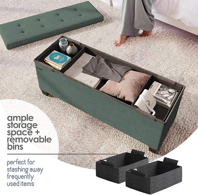 Storage Ottoman Bench with Bins, 43-in Storage Bench for Bedroom End of Bed, Folding Foot Rest Ottoman for Living Room Max 660lbs, Fabric Ottomans, Green - Image 3