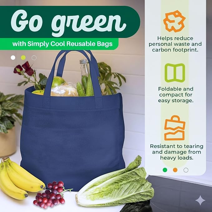 Simply Cool 200 Pack Reusable Grocery Bags, Large Tote Bags Bulk, Navy Blue | 14.5"x14"x6.6" Heavy Duty Non-woven Custom Shopping Bags with Handles, Foldable, Washable for Groceries and Commercial use - Image 3