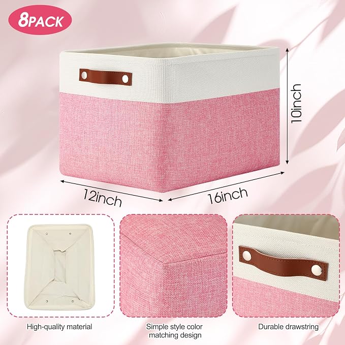 Uiifan 8 Pack 16 x 12 x 10 Inch Large Storage Baskets Collapsible Fabric Storage Cubes Bins with Handles for Shelves Closets Nursery Home Clothes Toys Organizers, Pink - Image 2