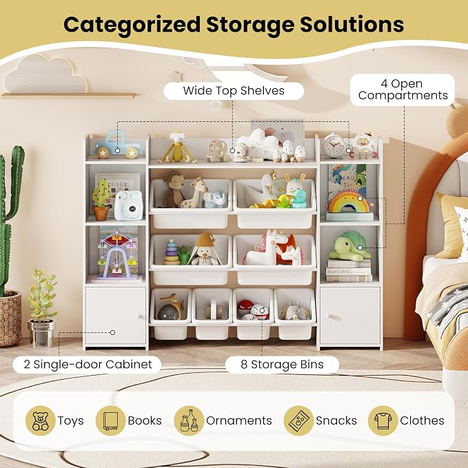 Costzon 56'' Kids Toy Storage Organizer with 8 Removable Bins, 4-Tier Toddler Bookshelf Cubbies, Preschool Children's Montessori Bookshelf w/6 Large Cabinet for Playroom, Daycare, Kids Room, Classroom - Image 3