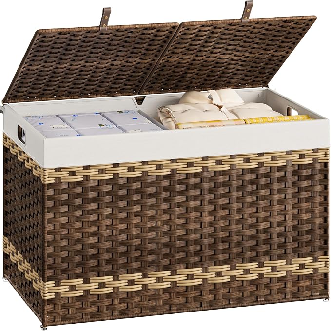 HOOBRO Storage Basket with Lid, 42.3 Gallon (160L) Wicker Storage Basket with 2 Separate Lid, Blanket Storage Bin with 2 Removable Liner Bags, for Bedroom, Laundry, Brown and Natural BR276CW01 - Image 9
