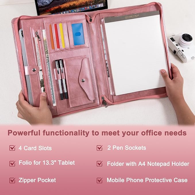 AZXCG Portfolio Binder, Pink Padfolio with Handle and Zipper,Leather Padfolio for Women,Professional Business Portfolio Organizer with A4 Notepad Holder for School,Work - Image 4