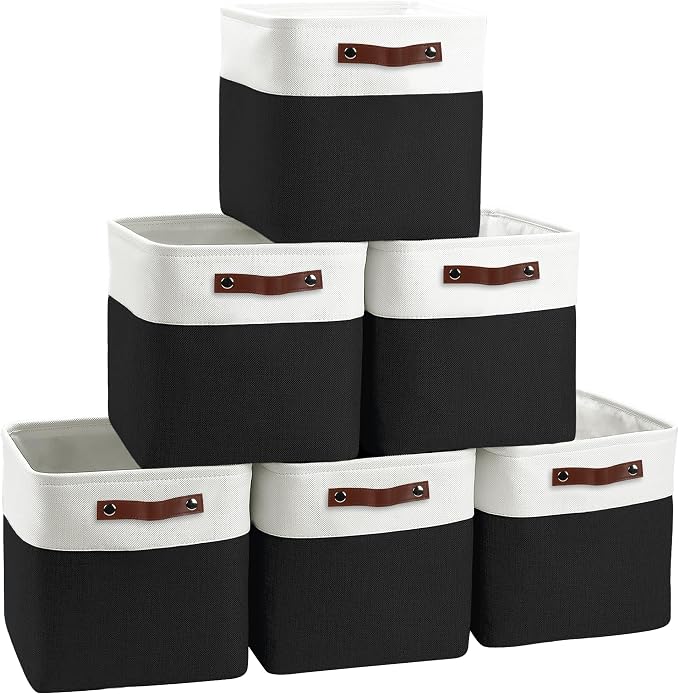 FinishingBo 11 inch Cube Storage Bin 6 Pack, Cube Organizer Bins | Fabric Storage Bins With Handles, 11x11 Storage Cubes, Shelf Basket, White/ Black by SimplifySpaceSimplifyLife