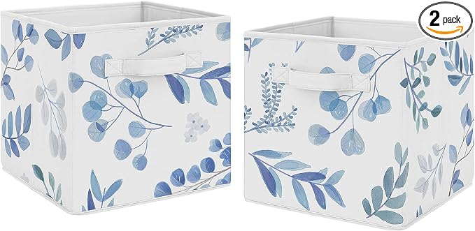 Sweet Jojo Designs Floral Leaf Foldable Fabric Storage Cube Bins Boxes Organizer Toys Kids Baby Childrens - Set of 2 - Blue Grey and White Boho Watercolor Botanical Flower Woodland Tropical Garden by SweetJojoDesigns