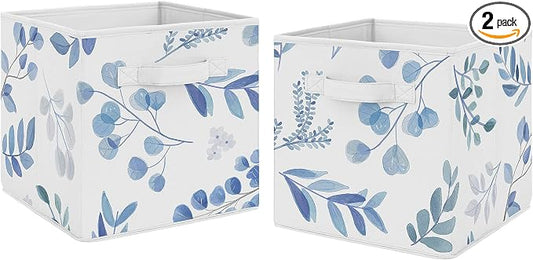 Sweet Jojo Designs Floral Leaf Foldable Fabric Storage Cube Bins Boxes Organizer Toys Kids Baby Childrens - Set of 2 - Blue Grey and White Boho Watercolor Botanical Flower Woodland Tropical Garden by SweetJojoDesigns