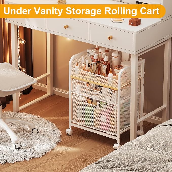 Yociyoga 3 Tier Rolling Cart with Drawers,Pantry Storage Cart with Wheels,Under Desk Storage Cart for Small Space,Pantry Floor Organizers and Storage,Metal Load-Bearing Utility Craft Cart,White - Image 5