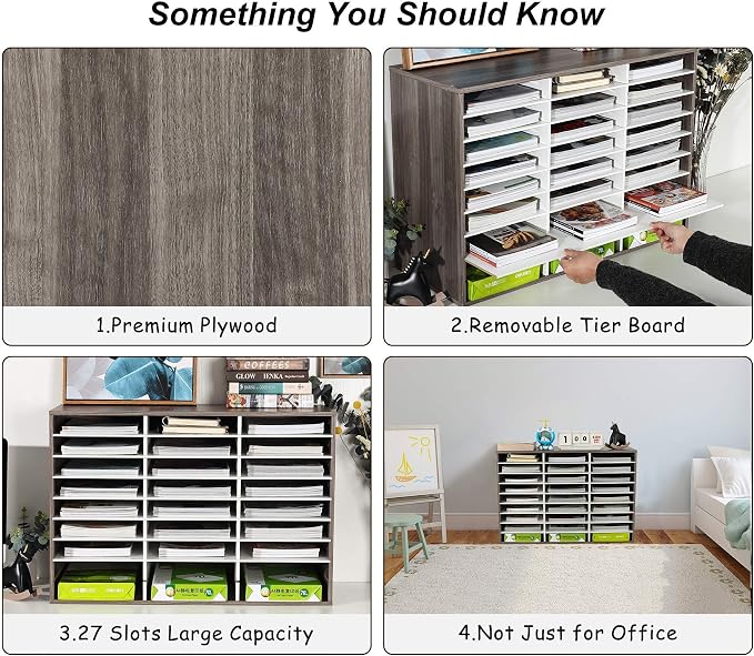 TQVAI Wood Literature Organizer, 27 Slots Hold 13500 Sheets A4 Papers, Wooden Desk File Paper Storage Organizer with Adjustable Shelves, Mailbox Cubbies for Office Home Classroom, Retro Grey/White - Image 4