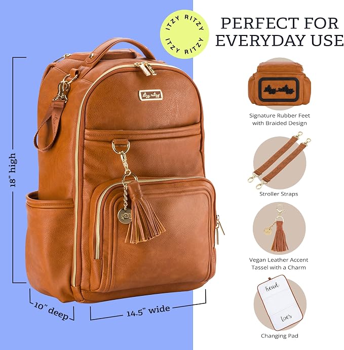 Itzy Ritzy Boss Plus Large Diaper Bag Backpack with 19 Pockets (Cognac) | Includes 2 Insulated Bottle Pockets, Changing Pad, Stroller Clips, Comfortable Padded Straps, Easy-to Clean, Travel-Ready - Image 4