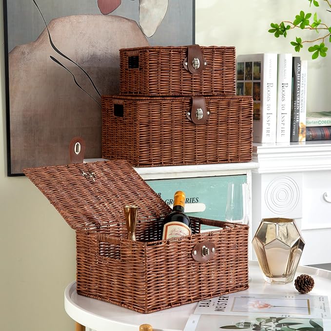 Set of 3 Woven Wicker Storage Basket Box with Lids & Lock, Built-in Carry Handles, Multifunctional Storage Organizer for Nursery, Baby, Toys, CLoset, DVD Large/Medium/Small Size (Natural) - Image 6