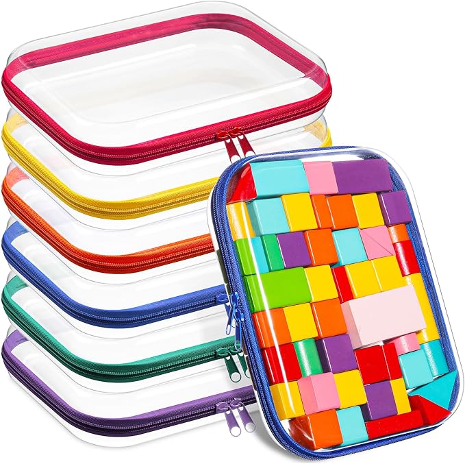 Sanwuta 6 Clear Hard Zipper Case,Assorted Color, 9.84 x 7.87 x 2 Inch | Pencil Case Pouches ,Makeup Bag,Plastic Toiletry Diaper Bag ,Travel Toy Storage,Waterproof Organizer Bins by Sanwuta