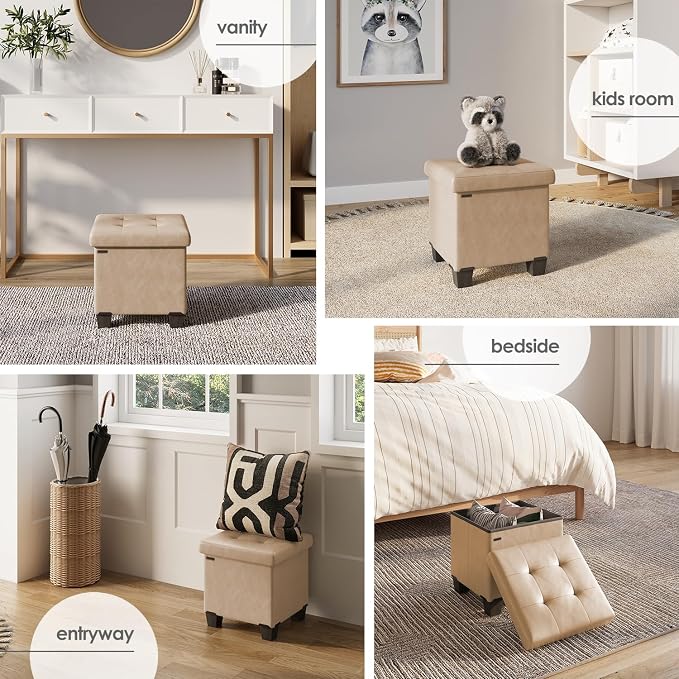 Storage Ottoman Cube with Small Bin, 15-in Square Ottoman with Storage for Living Room and Bedroom, Small Ottomans Foot Rest, Leather Foot Stools Ottomans Max 330lbs, Taupe - Image 4
