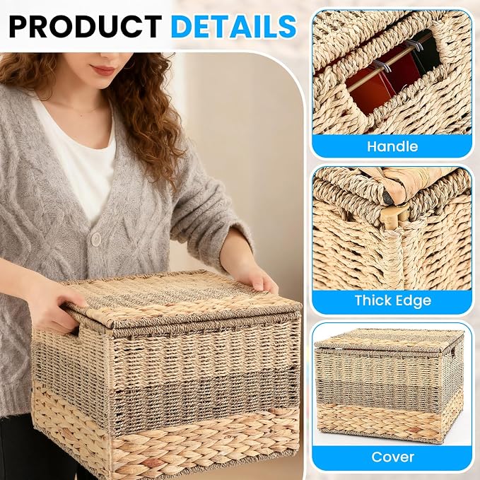 Decorative File Box 14 x 12 x 11 in Wicker Seagrass File Basket Organizer for Letter Size Hand Woven Hanging Filing Cabinet with Lid for Document Folder Home Office Decor, Water Hyacinth, Tricolor - Image 3