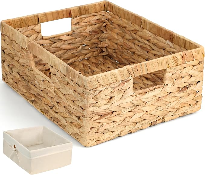 Wicker Shelf Storage Baskets for Organizing - Natural Water Hyacinth Woven Basket Organizers & Storage for Shelves w/Handles & Cotton Liner for Home & Pantry Decor Organization, Large 15” x 12” x 6” by Storage+Standard