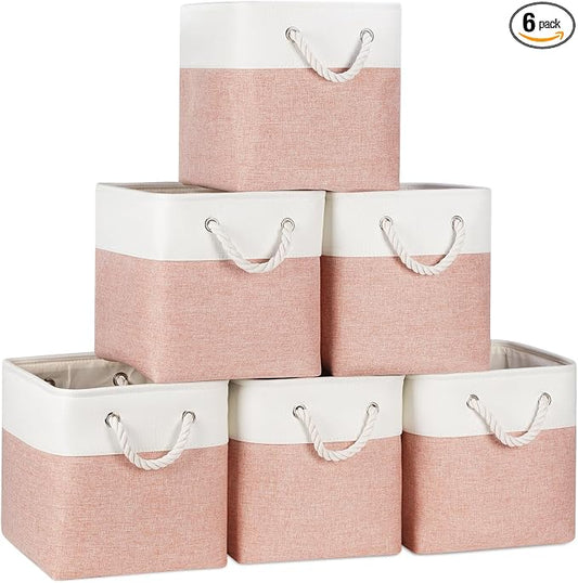 Temary 11 Inch Storage Cubes, Sturdy Fabric Bins with Metal Support & Soft Rope Handles, 6 Pack Foldable Nursery Organizer Baskets for Clothes, Home (White & Pink) by TEMARY