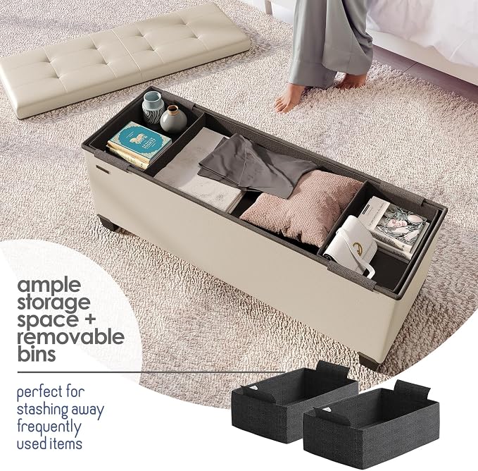 Storage Ottoman Bench with Bins, 43-in Storage Bench for Bedroom End of Bed, Folding Foot Rest Ottoman for Living Room Max 660lbs, Leather Ottomans, Beige - Image 3