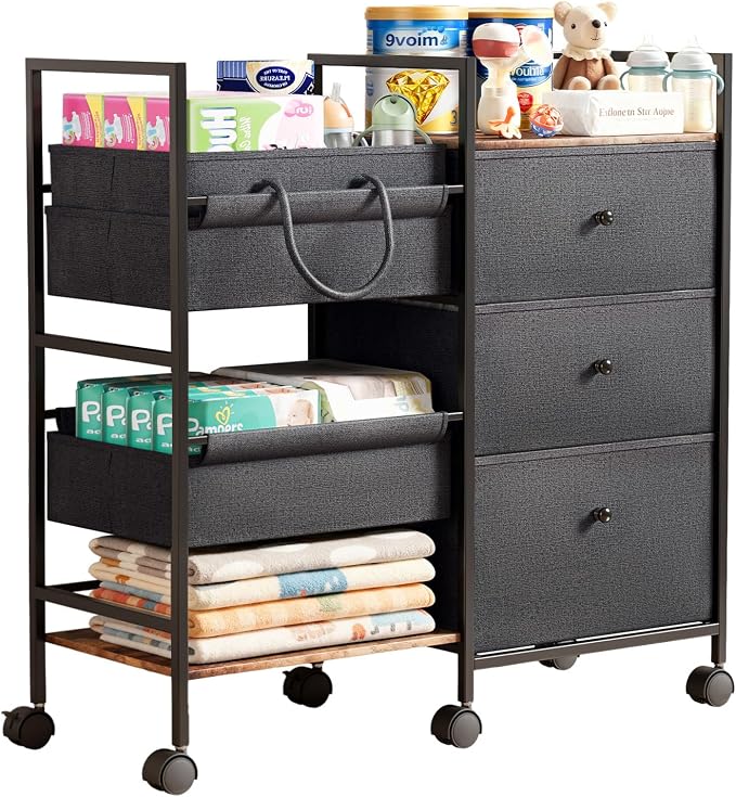 2-in-1 Baby Diaper Caddy Organizer and Storage-3 Tier Rolling Baby Cart with Dividers and Drawers, Baby Essentials for Nursery Storage, Mobile Utility Cart with Wheels Large Capacity Easy To Assemble by BG-BABYGO