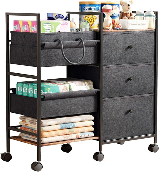 2-in-1 Baby Diaper Caddy Organizer and Storage-3 Tier Rolling Baby Cart with Dividers and Drawers, Baby Essentials for Nursery Storage, Mobile Utility Cart with Wheels Large Capacity Easy To Assemble by BG-BABYGO