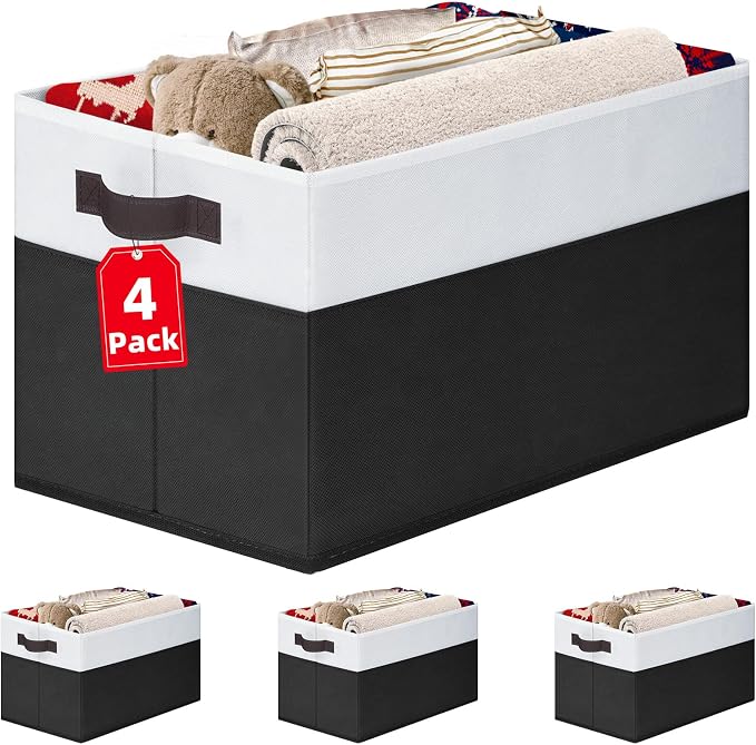 Large Storage Bins for Shelves 4 Pack, Closet Storage Baskets for Clothes Blanket Beddings Towels, Collapsible Fabric Closet Organizer Bins with Handles/ Laundry Room Organization by Criusia