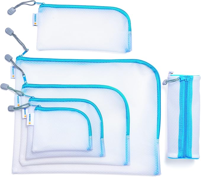 HERMA 20015 Zip Document Bag A4, transparent (36 x 28 cm) large zippered mesh pouch with zipper for laptop, tablet, books, papers, toys, clear storage wallet with zipper in blue - Image 3
