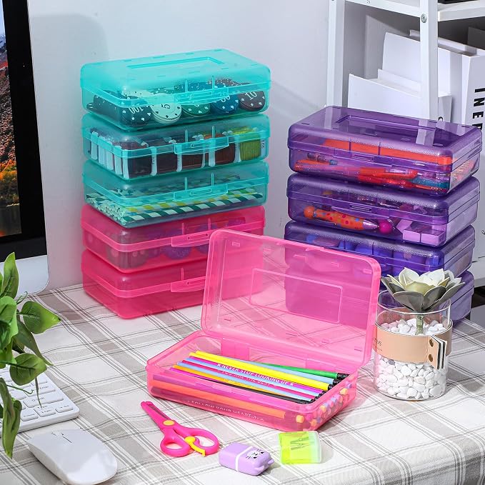 Fainne 24 Pack Clear Plastic Pencil Box,Turquoise, Purple, Pink | Stackable Organizer for School Supplies, Large Case for Crayons Markers, Snap-lid Keeps Stationery Secure, Bulk Set - Image 6