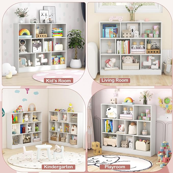 HONEY JOY Kids Toy Storage Organizer, 10-Section Wooden Floor Storage Cabinet, 41” Daycare Toy Chest, 3-Tier Kids Display Bookshelf for Classroom, Playroom & Nursery, Kindergarten (White) - Image 7