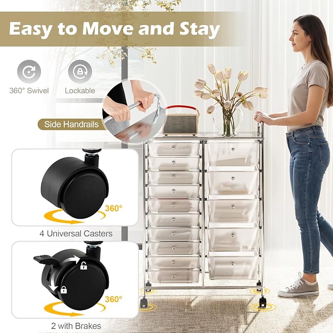 DREAMADE 15-Drawer Rolling Storage Cart, Mobile Craft Cart, Clear | Utility Organizer with Lockable Wheels, Removable Plastic Drawers and Metal Frame for Home Office, Classroom and Studio - Image 5