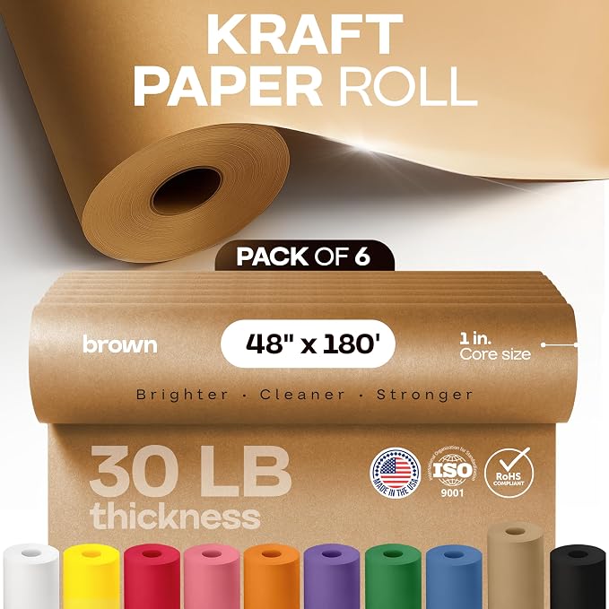 Brown Kraft Paper Roll 48" x 2160" (180 feet), Pack of 6 - USA-Made Brown Wrapping Paper 30lb Thickness for Packing, Moving, Shipping, Crafts/Arts - 100% Recycled Natural Material by IDL Packaging - Image 4