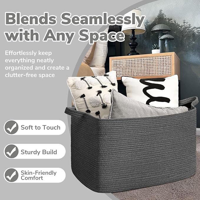 Goodpick 85L Large Woven Rope Blanket Basket, Rectangle, Dark Gray | 23.6'' x 15.7'' x 13.8'' Storage Basket for Blankets, Clothes, Toys & Pillows, Living Room, Bedroom & Nursery Organization - Image 5