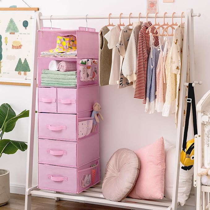 GRANNY SAYS Hanging Closet Organizer, 5 Drawers, 6 Shelves, 6 Pockets, Pink | Hanging Closet Organizer with 5 Different Drawer Designs, 6 Shelves & Reinforced Structure for Organized Small Spaces - Image 8