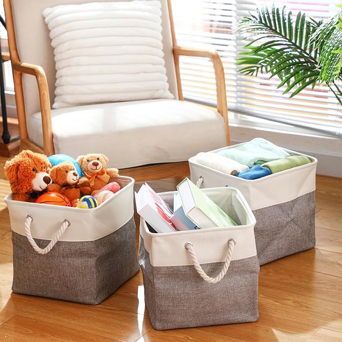 FoldTier 10 Pack Large Collapsible Fabric Storage Baskets with Handles Decorative Storage Bins for Organizing Shelves Toys Clothes(White & Gray,12 x 12 x 12 Inches) - Image 6