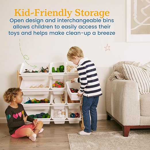 ECR4Kids 4-Tier Organizer with 12 Removable Plastic Bins, 4x3, Toy Storage, Dark Natural/White | Durable plastic bins, MDF panels, steel frame, GREENGUARD Gold Certified, 48 lb capacity, anti-tip kit, playroom/classroom - Image 5