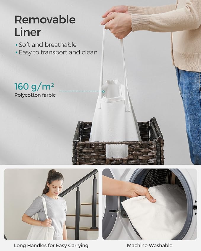 SONGMICS Laundry Hamper with Lid, 23.8 Gallon (90 L) Synthetic Rattan Clothes Laundry Basket with Lid and Handles, Foldable, Removable Liner, Chestnut Brown ULCB051K02 - Image 6